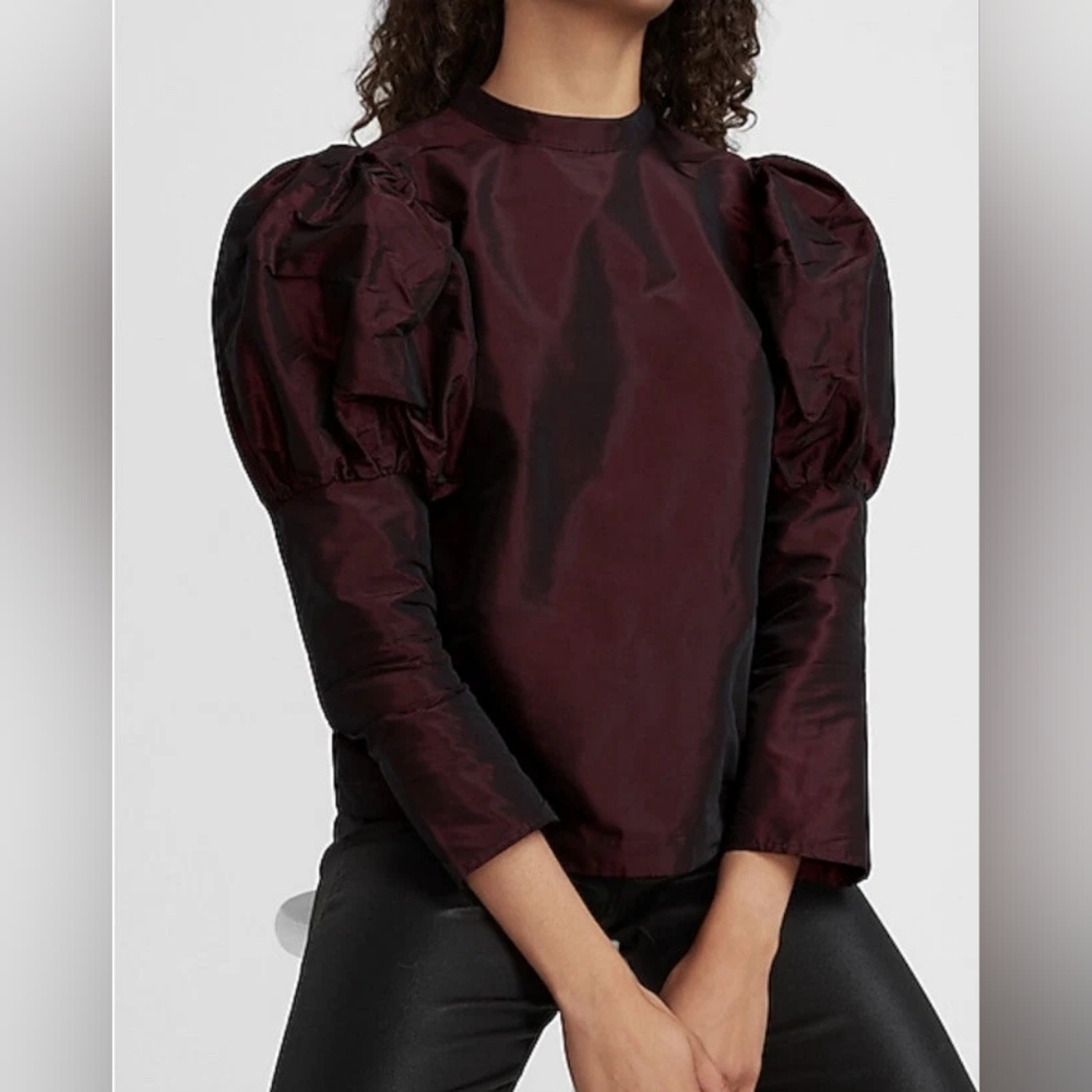 Express M RazzleBerry Purple Puff Sleeve Mock Neck Taffeta Top Statement Formal